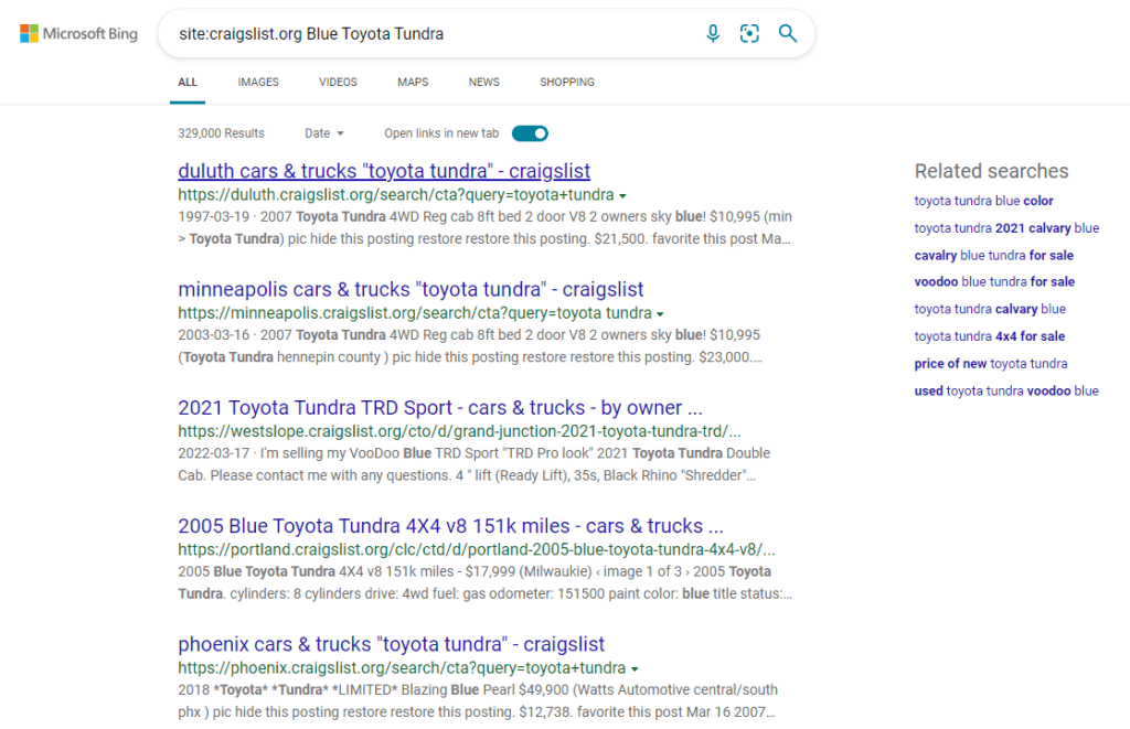 image showing results from BING